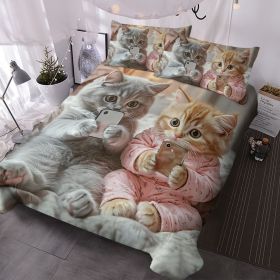 Cat Duvet Cover Set, Kawaii Pet Animal Cat Lover Comforter Cover Set, 3 Pieces, 1 Quilt Cover and 2 Pillowcases (size: KING)